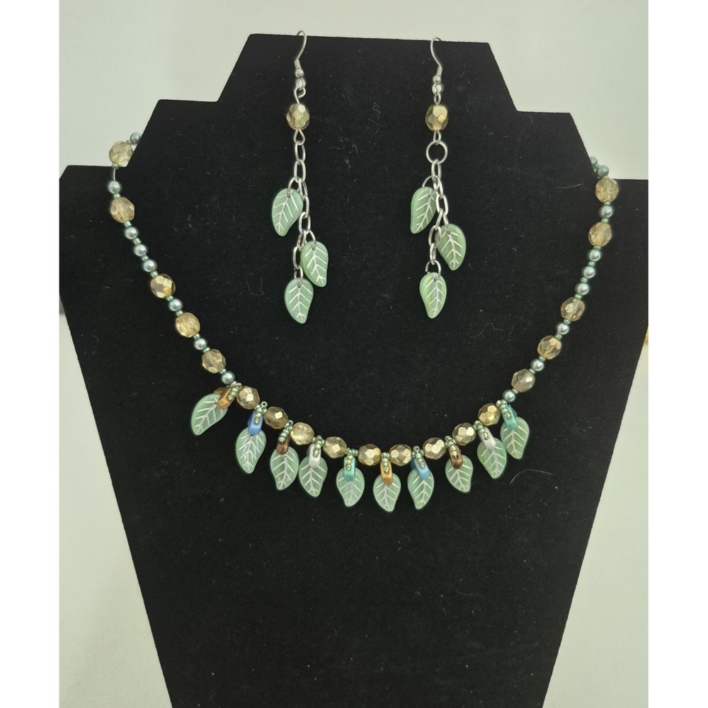 Silver Tone Green Leaf 16" Beaded Necklace Set with 3" Dangle Earrings Set